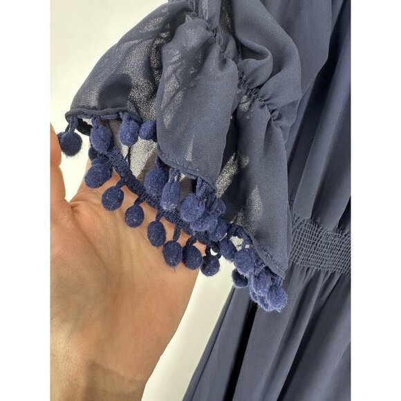 Misa Los Angeles Navy Smocked Cottage Gore Pom Midi Dress Women’s XS Read - Picture 5 of 11